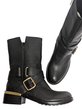 Vince Camuto 6 black leather Wethima boots motorcycle boots gold strap buckle